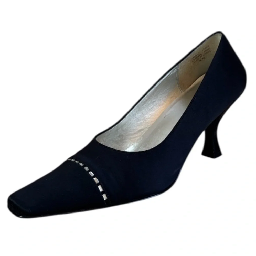 Elegant Pumps Vintage 90s Y2K Rhinestone Pointed Square Heel Black Silver Size 8